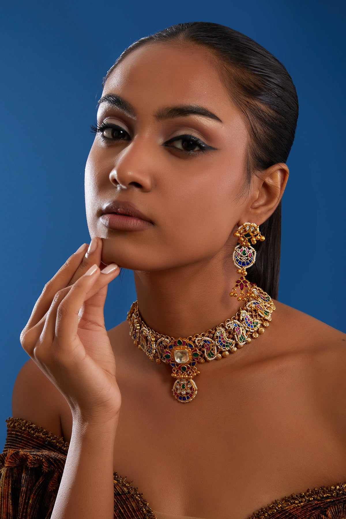 Gold Finish Kundan Polki & Multi-Colored Stone Necklace Set