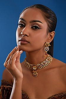 Gold Finish Kundan Polki & Multi-Colored Stone Necklace Set
