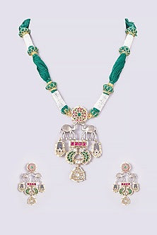 Gold Finish Kundan Polki & Multi-Colored Stone Long Necklace Set
