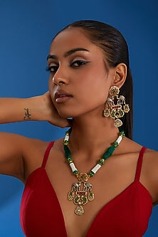 Gold Finish Kundan Polki & Multi-Colored Stone Long Necklace Set