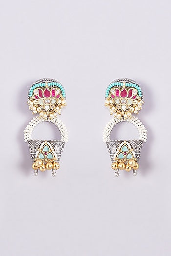 Gold Finish Kundan Polki & Multi-Colored Stone Earrings
