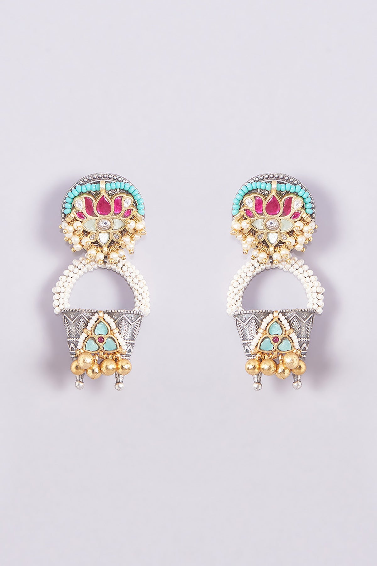 Gold Finish Kundan Polki & Multi-Colored Stone Earrings