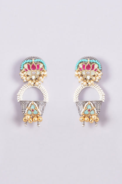 Gold Finish Kundan Polki & Multi-Colored Stone Earrings