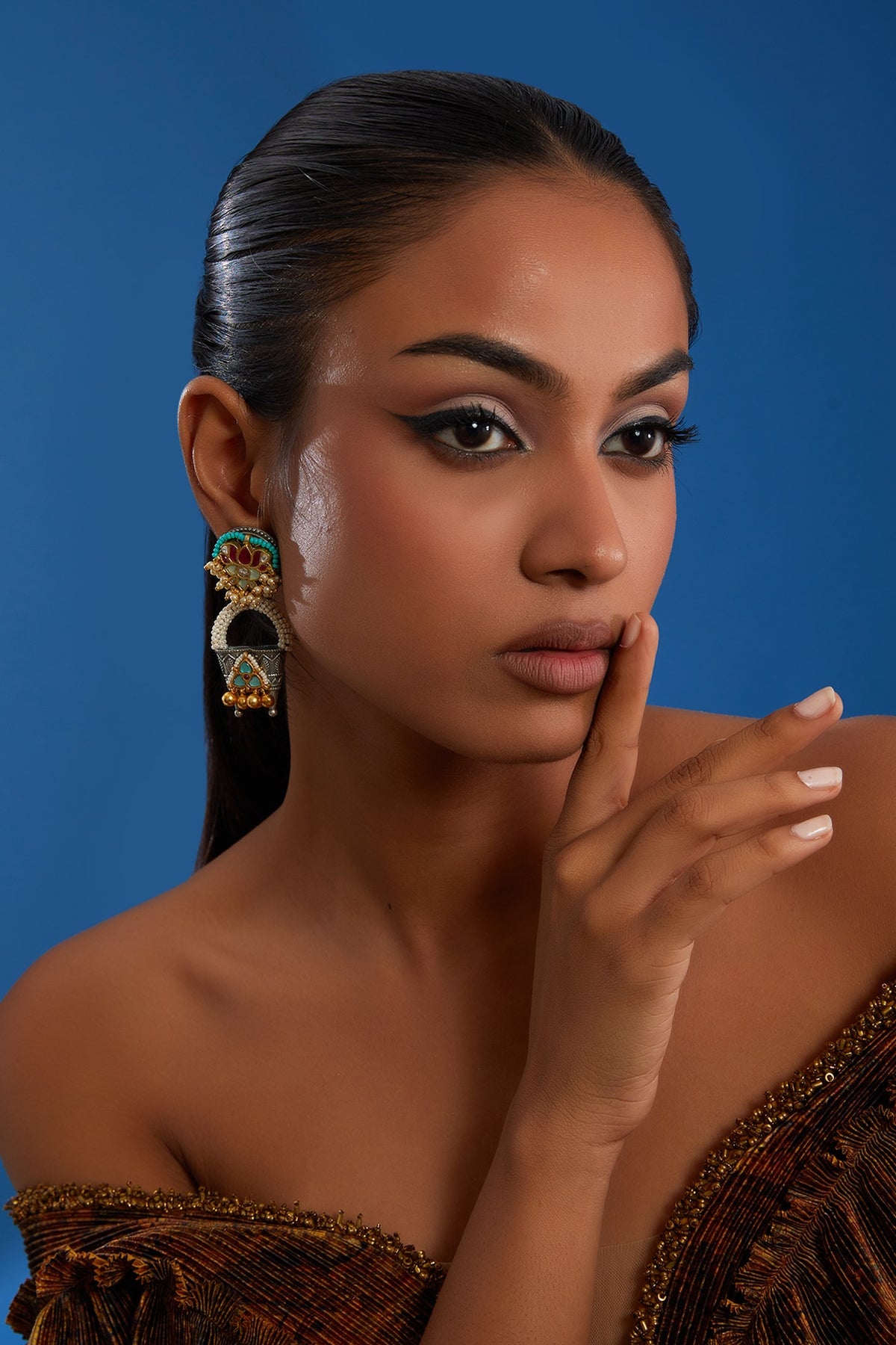 Gold Finish Kundan Polki & Multi-Colored Stone Earrings