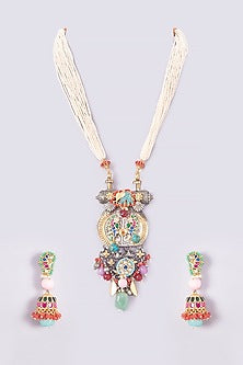 Gold Finish Kundan Polki & Multi-Colored Stone Long Necklace Set