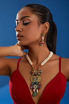 Gold Finish Kundan Polki & Multi-Colored Stone Long Necklace Set