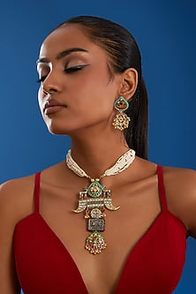 Gold Finish Kundan Polki & Multi-Colored Stone Necklace Set