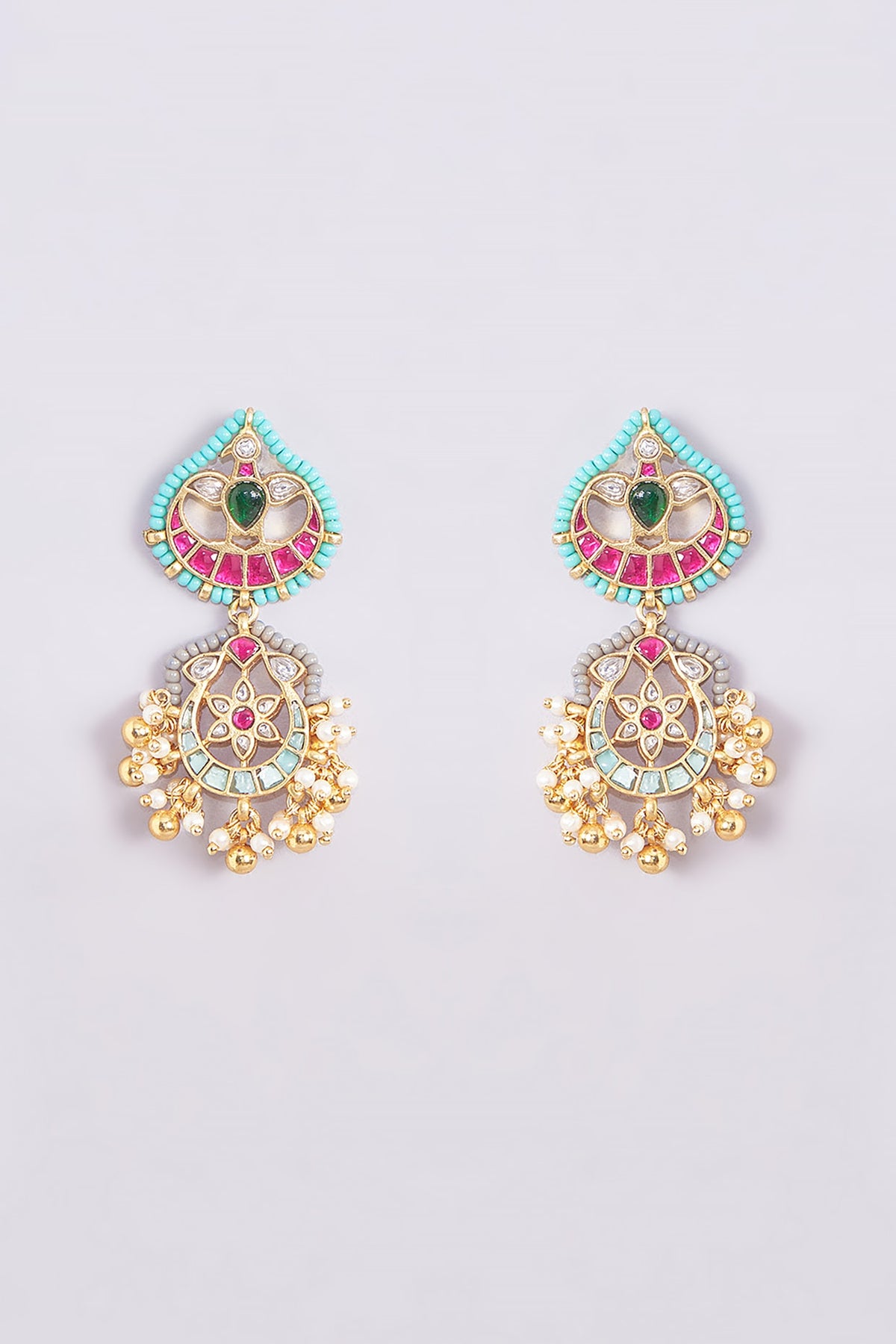 Gold Finish Kundan Polki & Multi-Colored Stone Necklace Set