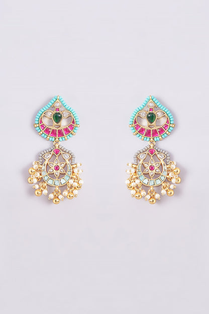 Gold Finish Kundan Polki & Multi-Colored Stone Necklace Set