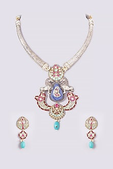 Gold Finish Kundan Polki & Multi-Colored Stone Long Necklace Set