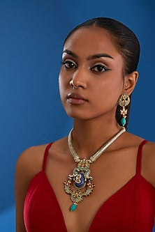 Gold Finish Kundan Polki & Multi-Colored Stone Long Necklace Set