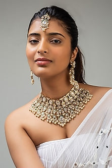 Gold Finish Green Kundan Polki Necklace Set In Sterling Silver