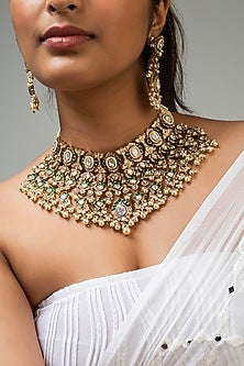 Gold Finish Green Kundan Polki Necklace Set In Sterling Silver
