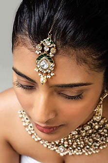 Gold Finish Green Kundan Polki Necklace Set In Sterling Silver