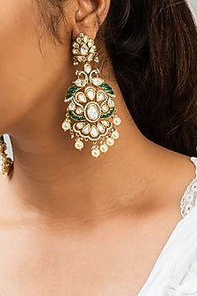 Gold Finish Green Kundan Polki Dangler Earrings