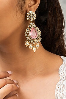 Gold Finish Pink Kundan Polki Dangler Earrings