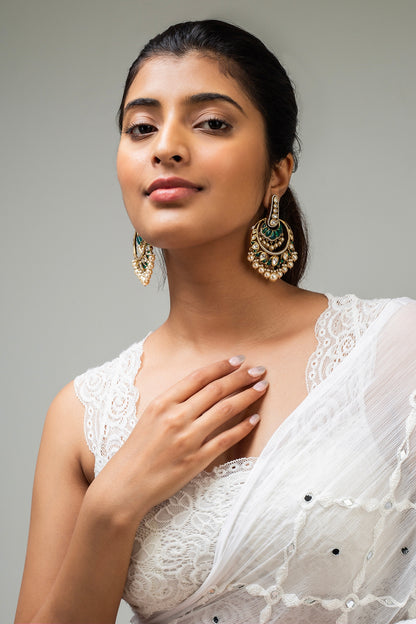 Gold Finish Green Kundan Polki Dangler Earrings