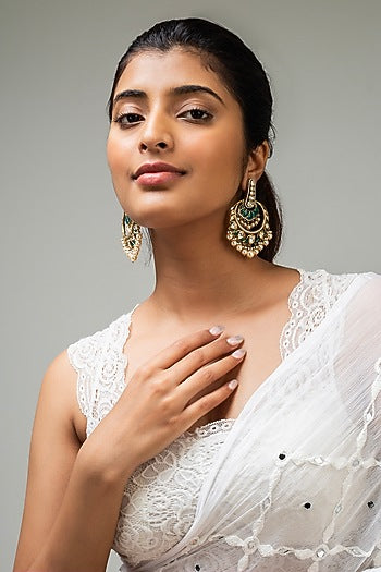 Gold Finish Green Kundan Polki Dangler Earrings