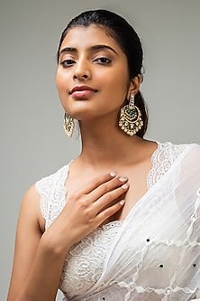 Gold Finish Green Kundan Polki Dangler Earrings