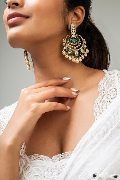 Gold Finish Green Kundan Polki Dangler Earrings