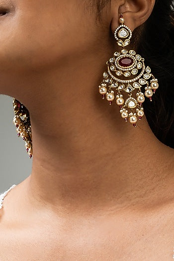Gold Finish Red Kundan Polki Dangler Earrings