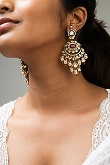 Gold Finish Red Kundan Polki Dangler Earrings