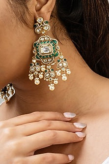 Gold Finish Green Kundan Polki Dangler Earrings
