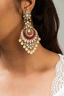 Gold Finish Red Kundan Polki Dangler Earrings