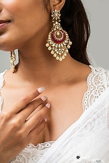 Gold Finish Red Kundan Polki Dangler Earrings