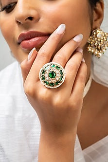 Gold Finish Kundan Polki & Green Stone Ring