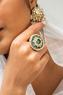 Gold Finish Kundan Polki & Green Stone Ring