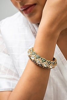 Gold Finish Green Kundan Polki Openable Kada
