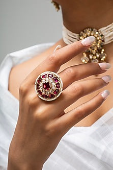 Gold Finish Kundan Polki & Red Stone Ring