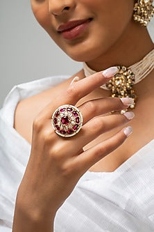 Gold Finish Kundan Polki & Red Stone Ring