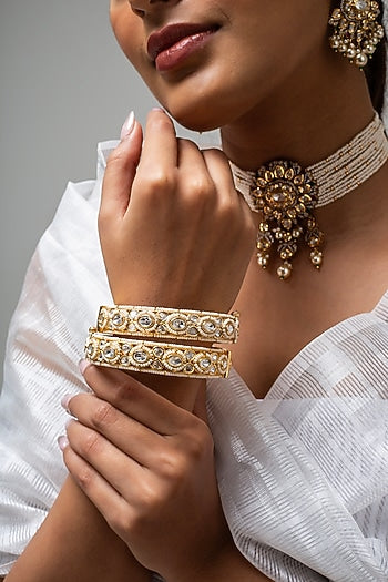 Gold Finish Kundan Polki & White Stone Kadas (Set Of 2)