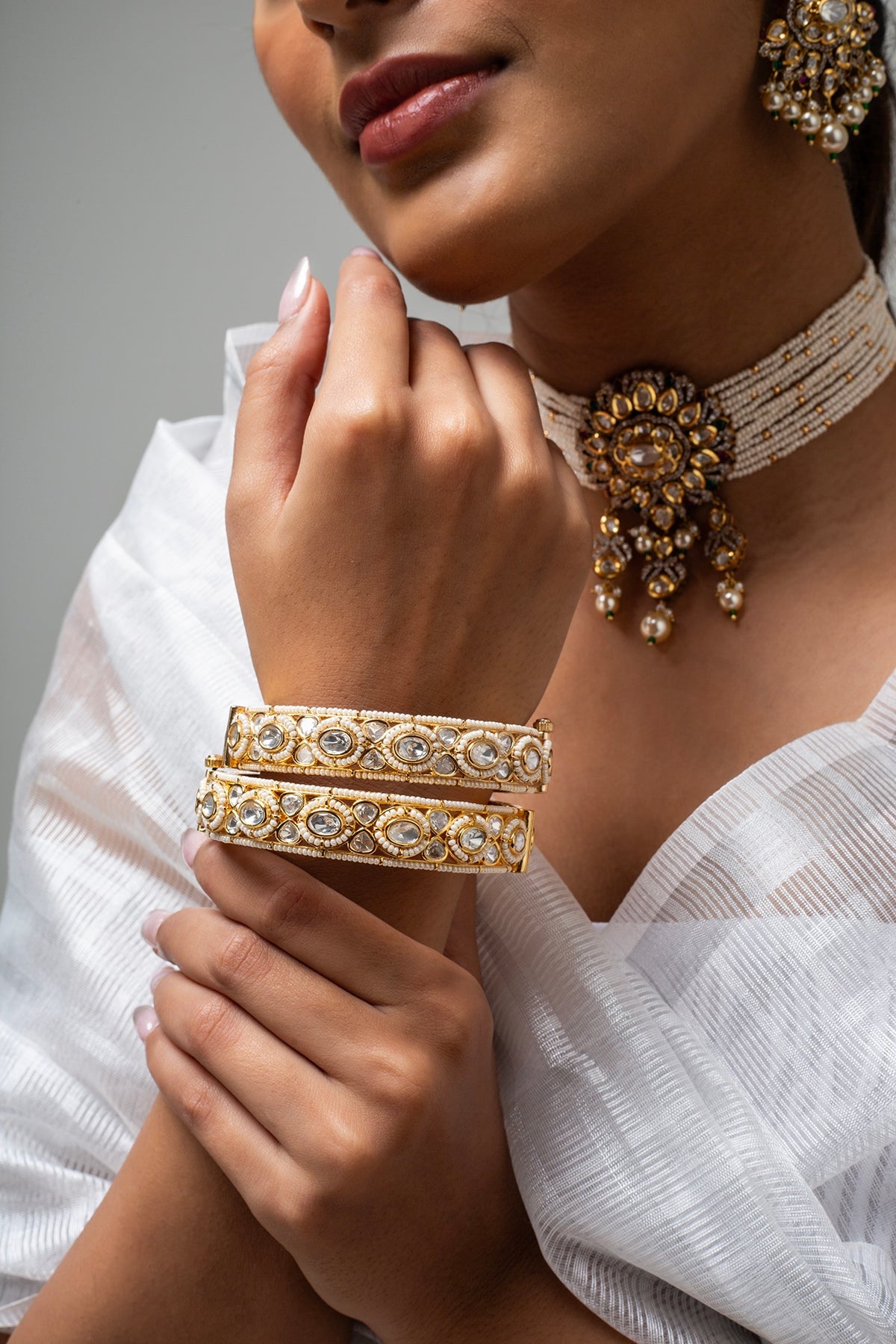 Gold Finish Kundan Polki & White Stone Kadas (Set Of 2)