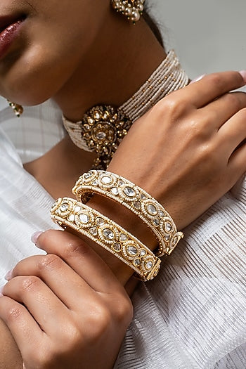 Gold Finish Kundan Polki & White Stone Kadas (Set Of 2)
