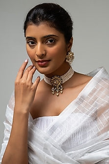 Gold Finish Kundan Polki & Blue Stone Choker Necklace Set