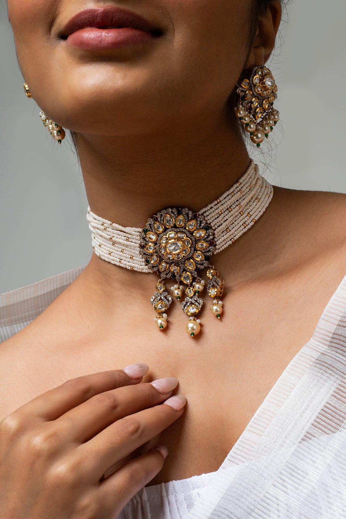 Gold Finish Kundan Polki & Blue Stone Choker Necklace Set