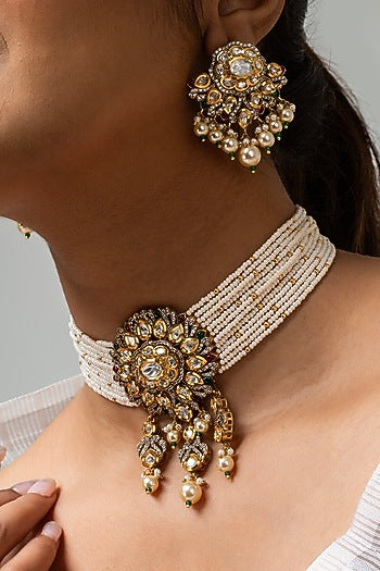 Gold Finish Kundan Polki & Blue Stone Choker Necklace Set