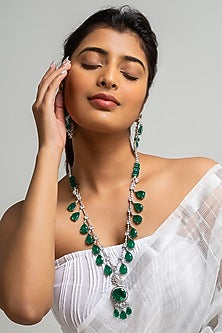 Gold Finish American Diamond & Green Stone Long Necklace Set