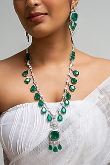 Gold Finish American Diamond & Green Stone Long Necklace Set