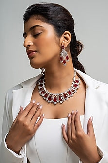 Gold Finish American Diamond & Red Stone Necklace Set