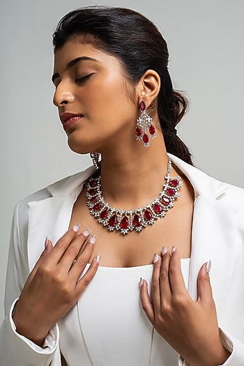 Gold Finish American Diamond & Red Stone Necklace Set