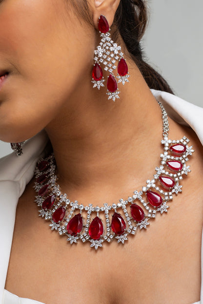 Gold Finish American Diamond & Red Stone Necklace Set