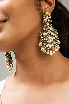 Gold Finish Green Kundan Polki Dangler Earrings