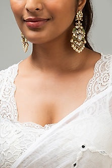 Gold Finish Green Kundan Polki Dangler Earrings