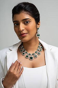 Gold Finish American Diamond & Green Stone Necklace Set