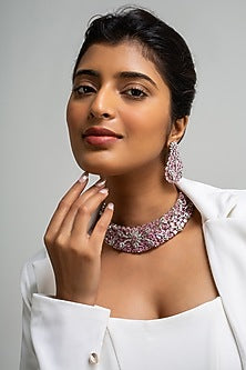 Gold Finish American Diamond & Pink Stone Choker Necklace Set