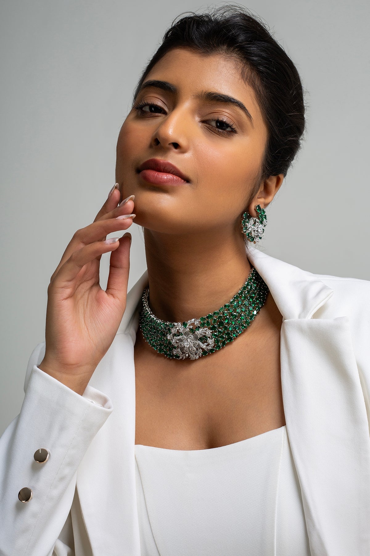Gold Finish American Diamond & Green Stone Choker Necklace Set